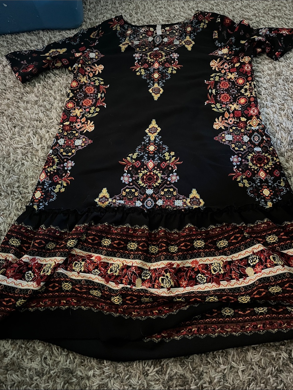 Xhilaration Black Midi Dress with Red and Yellow Floral Print
